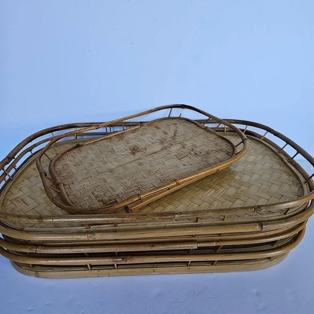 Vtg MCM Bamboo Wicker Lap Trays Tiki Bar Serving Tray Set of 5 Boho Shabby 1677